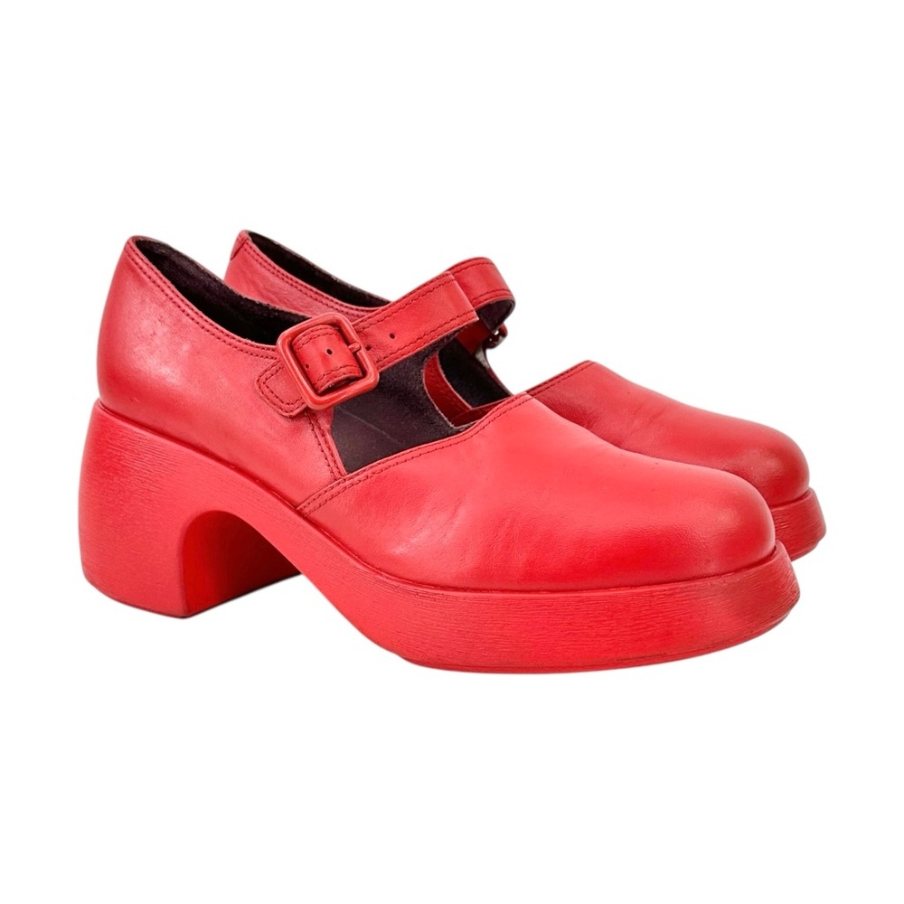CAMPER Thelma Bright Red Curved Block Heel Leather Mary Jane Loafers sz 40